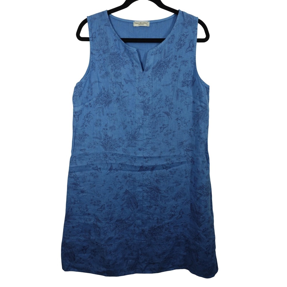 Terzo Millennio Dress Womens Large‎ Blue Linen Floral Sleeveless Sundress Italy